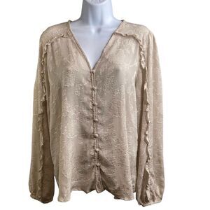 Haver + Blair Women's Beige Jacquard Top Size L Ruffle Peasant Boho Cottagecore